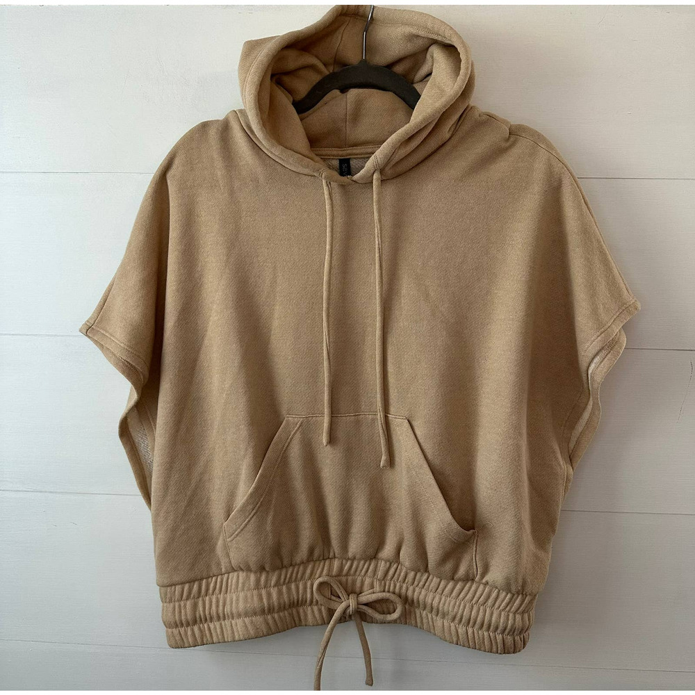Savvi Beige Cropped Hoodie Small Drawstring Cozy Lounge Pullover